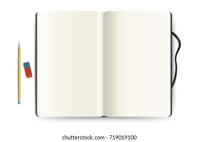 Realistic opened notepad with pencil and eraser Blank notebook mockup isolated on white background. Top view. Applicable for sketches and signs presentation. Vector eps 10.