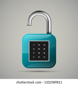 realistic opened padlock. Steel Mechanical Combination lock. Privacy padlock illustration. Enter the PIN code. Electronic lock icon. Reliable Protection open padlock badge. Code combination symbol