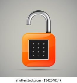 realistic opened padlock. Steel Mechanical Combination lock. Privacy padlock illustration. Enter the PIN code. Electronic lock icon. Reliable Protection open padlock badge. Code combination symbol