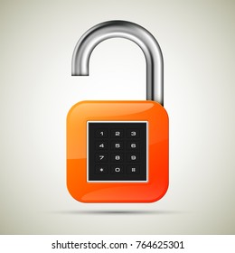 realistic opened padlock. Steel Mechanical Combination lock. Privacy padlock illustration. Enter the PIN code. Electronic lock icon. Reliable Protection open padlock badge. Code combination symbol