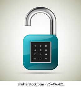 realistic opened padlock. Steel Mechanical Combination lock. Privacy padlock illustration. Enter the PIN code. Electronic lock icon. Reliable Protection open padlock badge. Code combination symbol