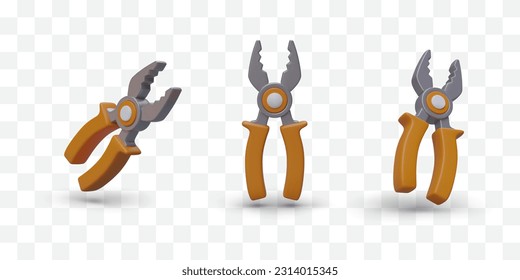 Realistic opened pliers from different sides. Set of pliers with smooth plastic handles. Collection of isolated 3D icons. Metal tools for professional work. Construction and repair