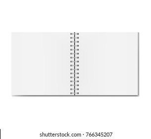 Realistic opened square notebook on spiral binder mockup, sketchbook blank sheets. Clear notepad centre two pages or clean page spread with shadow template