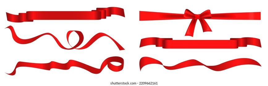 Realistic opening ceremony symbols Tapes ribbons and scissors set. Grand opening inauguration event public ceremony. Red silk ribbons set vector illustration