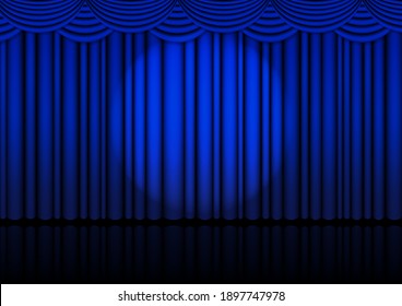 Realistic Opera stage indoor with a blue curtain and Spotlight for comedy show or opera act movie. Vector illustration. 