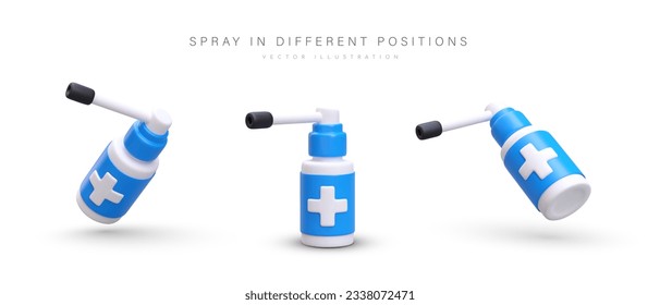 Realistic oral medicinal spray. Long nozzle for mouth and throat. Aerosol in blue plastic package. Medicines for acute respiratory viral diseases. Set of vector isolated images