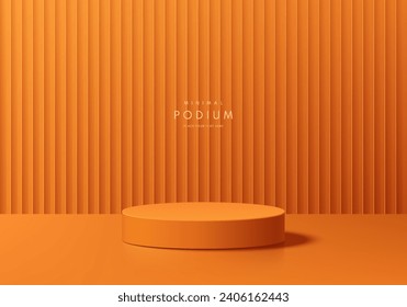 Realistic orange 3D cylinder podium pedestal background with vertical pattern wall scene. Abstract minimal mockup or product display presentation, Stage for showcase. Platforms vector geometric design