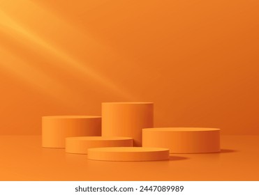 Realistic orange 3D cylinder podium pedestal set background in empty space studio room. Minimal scene, mockup abstract product display presentation, Stage showcase. Platforms vector geometric design.