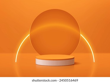 Realistic orange 3D cylinder product podium background with circle glass and curve line neon wall scene. Abstract minimal mockup display presentation, Stage showcase. Platforms vector geometric design