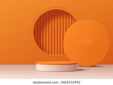 Realistischer orangefarbener 3D-zylindrischer Podesthintergrund mit weißem Boden und kreisförmiger Fensterszene. Minimale Mockup- oder abstrakte Produktpräsentation, Bühnenvitrine. In: Platforms Vektorgrafik Geometric Design.