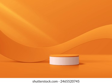 Realistic orange 3D cylindrical podium background with wavy curve shape fabric wall scene. Minimal mockup or abstract product display presentation, Stage showcase. Platforms vector geometric design.