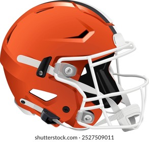 Realistic orange 3D helmet with white and black stripes. White mask and chin strap