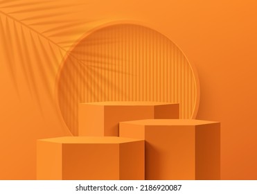 Realistic orange 3D hexagon stand or podium set with vertical pattern in circle frame background. Abstract minimal scene for products stage showcase, Summer promotion display. Vector geometric forms. - Shutterstock ID 2186920087