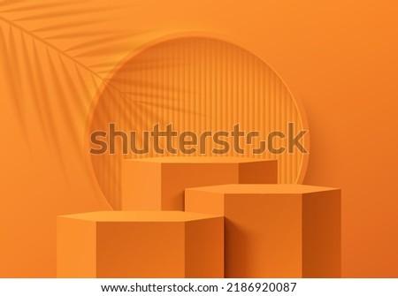 Realistic orange 3D hexagon stand or podium set with vertical pattern in circle frame background. Abstract minimal scene for products stage showcase, Summer promotion display. Vector geometric forms.