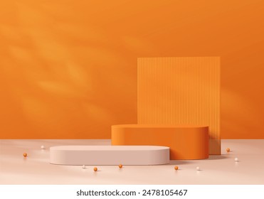 Realistischer orangefarbener 3D-runder Podiumhintergrund mit quadratischer Kulisse, Blattlichtszene. Minimalistisches Modell-Sockel, Abstrakte Produktpräsentation, Bühnenvitrine. Geometrisches Design der Vektorgrafik