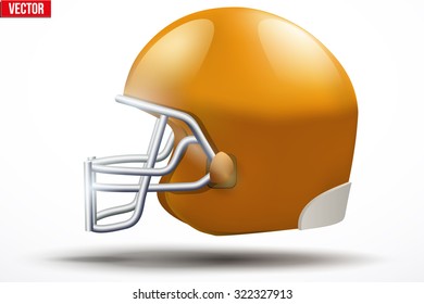 Realistic Orange American football helmet with reflex. Equipment sport illustration. Side view. Vector Isolated on white background.