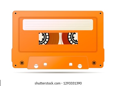 Realistic orange audio cassette with magnetic tape, vintage object on white