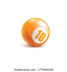 Realistic orange ball with number ten for bingo game, isolated vector illustration.