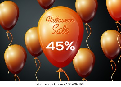 Realistic Orange ballons with inscription Halloween Sale Forty five percent for discount on black background. Colorful sticker, banner for sale, shopping, business theme. Vector illustration