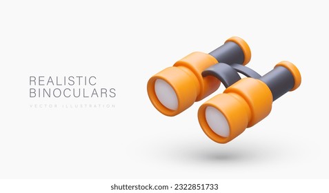 Realistic orange binoculars with shadows. Tourist optics for remote viewing. Equipment for birdwatching, observing wild animals. Poster on white background with text