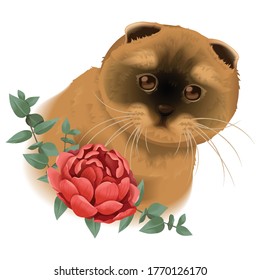 Realistic orange cat with red flowers vector illustration. This design for publication, decoration, sticker, pattern, and more.