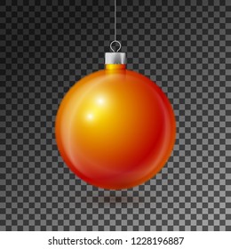 Realistic Orange Christmas ball with silver ribbon, isolated on transparent background. Merry Christmas greeting card. Vector illustration