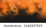 Realistic orange colorful smoke clouds, mist effect. Fog isolated on transparent background. Vapor in air, steam flow. Vector illustration.