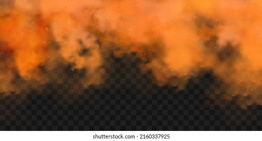 Realistic orange colorful smoke clouds  mist effect  Fog isolated transparent background  Vapor in air  steam flow  Vector illustration 