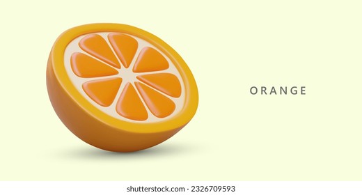 Realistic orange cut in half. Vector juicy ripe tangerine. Concept for culinary sites, manufacturers of cosmetics, aromas, juices, jam. Citrus fruit with persistent aroma