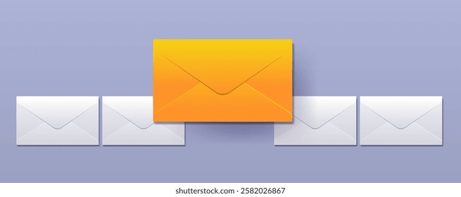 Realistic orange envelope among white ones on gray background. Main selected letter. The concept of importance and priorities