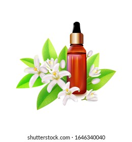 Realistic orange flowering branch,oil, leaves, neroli flowers and bud. Perfumery and medical plant.Labels of Cosmetic Skin Care Product Design .Vector  illustration.