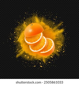 Realistic orange fruit slices flying in orange explosion isolated on dark transparent background. Banner or ADS template or design element.