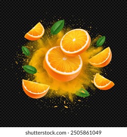 Realistic orange fruit slices and pieces and leaves flying in orange citrus explosion isolated on dark transparent background. Banner or ADS template or design element.