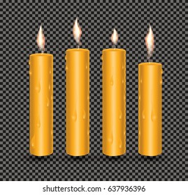 Realistic Orange Glowing Candles with Melted Wax. Vector Illustration