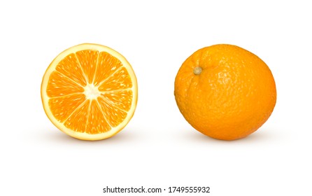 Realistic orange isolated on white background. Set of fresh orange fruit. Vector illustration