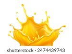 Realistic orange juice crown splash. Fruity spray and drops of fruity sweet drinking water. Liquid with bubbles isolated on white background. Vector illustration.