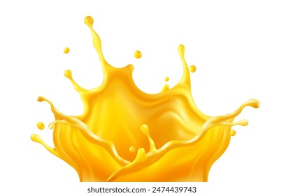 Realistic orange juice crown splash. Fruity spray and drops of fruity sweet drinking water. Liquid with bubbles isolated on white background. Vector illustration.