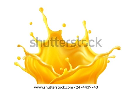 Realistic orange juice crown splash. Fruity spray and drops of fruity sweet drinking water. Liquid with bubbles isolated on white background. Vector illustration.