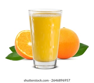 Realistic orange juice cup with half and a whole orange isolated on white background
