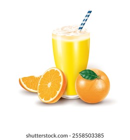 realistic orange juice glass and orange fruit and slices isolated on the white background vector illustration.