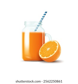 realistic orange juice jar and half of orange fruit isolated on the white background vector illustration.fresh and cold orange cocktail element.