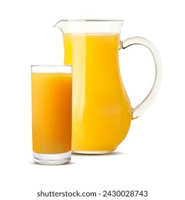 Realistic orange juice in jug with orange juice cup