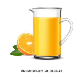 Realistic orange juice jug with half orange isolated on a white background. 3d oranje juice jug