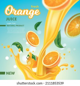 Realistic orange juice. Refreshing tropical fruit drink. Splash with jet and flying drops. Pouring natural beverage. Citrus slices and leaves. Vitamin C product. Vector - Shutterstock ID 2111853539