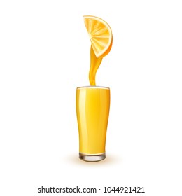 Realistic orange juice slice flowing in glass of juice. 3d tropical citrus drink, vitamin sweet beverage. Holiday summer vacation symbol. Heathy lifestyle dieting. Vector isolated illustration