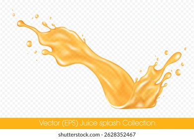 Realistic Orange juice splash with droplets isolated on transparent background, vector (EPS) illustration. Transparent orange liquid frozen motion illustration, layered, easy to edit