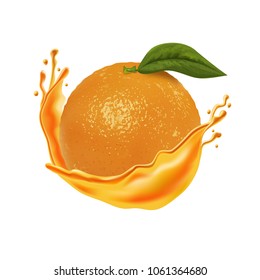 Realistic orange with juice splash isolated on a background, vector illustration, Fresh fruit, 3d vector icon