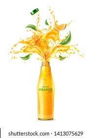 Realistic Orange Juice Splash With Mint Leaves. Splashingjuice Motion With Green Leaves For Package Design. Vector Juicy Wave, Flowing Liquid. Fresh Sweet Drink Flow From Glass Bottle
