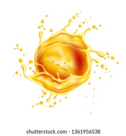 Realistic orange juice splash. Splashing peach, pineapple juice motion for package design. Vector pear juicy wave, flowing liquid. Fresh sweet drink flow.