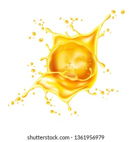 Realistic orange juice splash. Splashing peach, pineapple juice motion for package design. Vector pear juicy wave, flowing liquid. Fresh sweet drink flow.